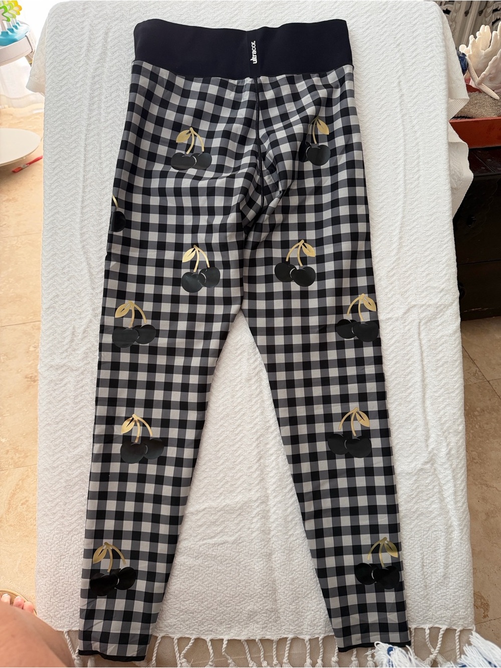 ultracor Black & White Gingham Leggings with Gold Cherry Accents - Picture 4 of 6